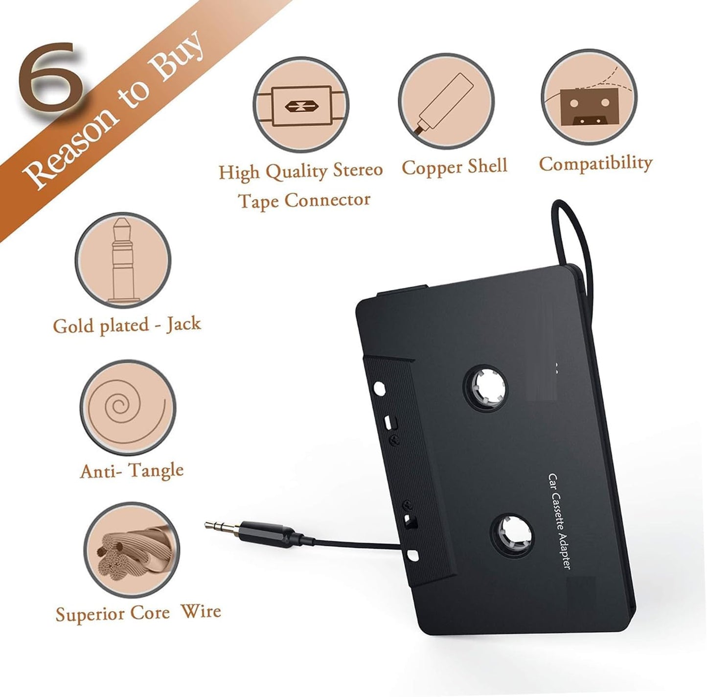 Cassette Adapter for Car Stereo 3.5mm AUX Audio Converter Universal MP3 to Cassette Tape Adapter for Car Audio Systems Plug and Play