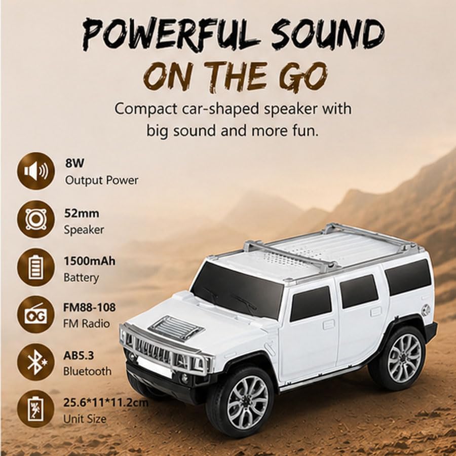 Car Shape Bluetooth Speaker with FM Radio, USB/TF Card Support, TWS Pairing, 8W Output 1500mAh Rechargeable Battery, Portable Wireless Speaker
