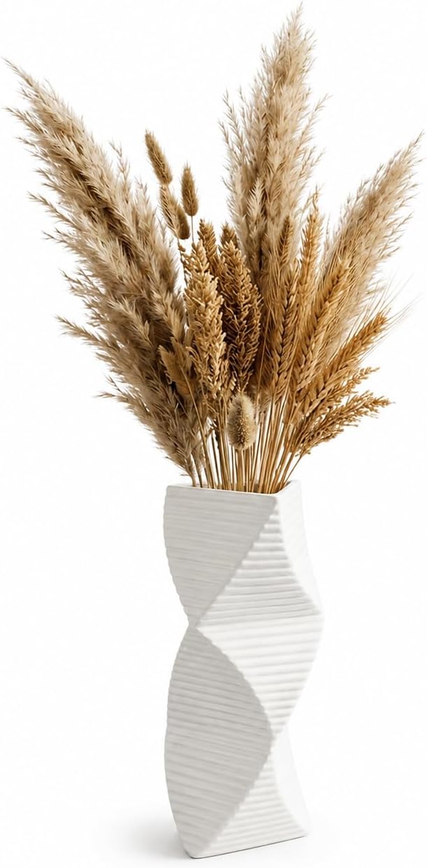 Modern Twisted Triangular Ceramic Vase, Matte White Minimalist Decorative Flower Vase for Home, Office, Living Room & Table Decor White