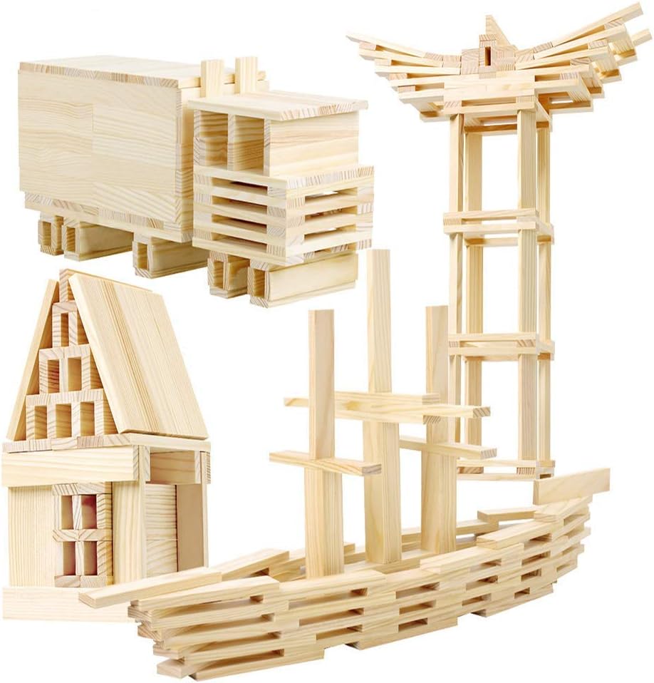100 PCS Wooden Colour Building Blocks Set for Kids Natural Wood Stacking Blocks Construction Toy Building Kit Educational STEM Toy for Boys and Girls