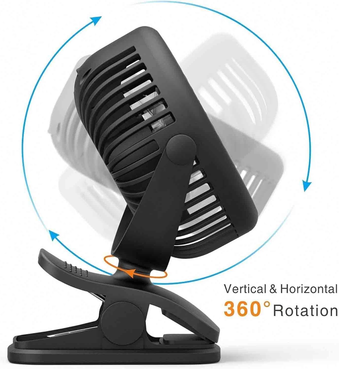 Portable Clip Fan Rechargeable USB Handheld Desk Fan with 3 Speed Modes Adjustable Head, Strong Grip Base, Mini Personal Cooling Fan for Home Office Travel