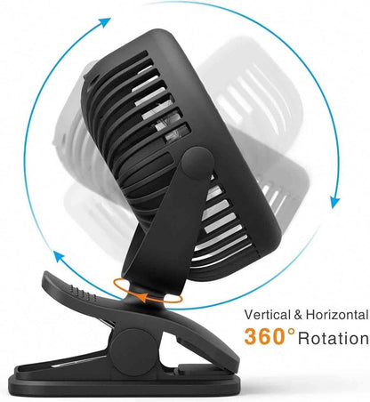 Portable Clip Fan Rechargeable USB Handheld Desk Fan with 3 Speed Modes Adjustable Head, Strong Grip Base, Mini Personal Cooling Fan for Home Office Travel