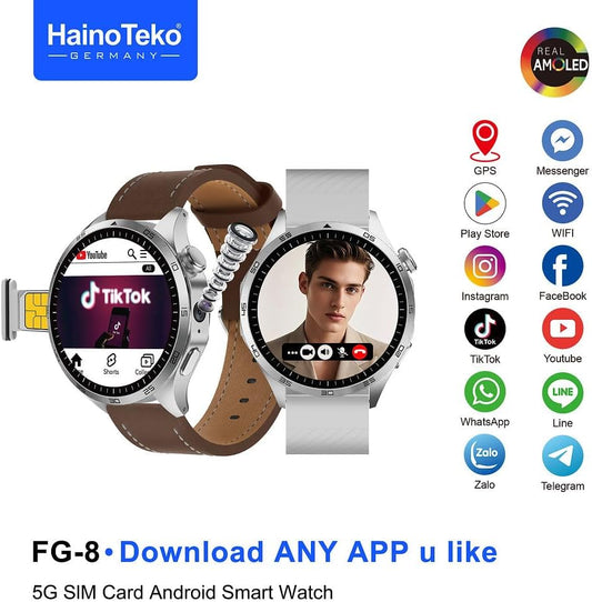 HainoTeko FG-8 5G Android Smart Watch with SIM Card Support, AMOLED Display, Download Any App, GPS, WiFi, Bluetooth Calling & Social Media Access