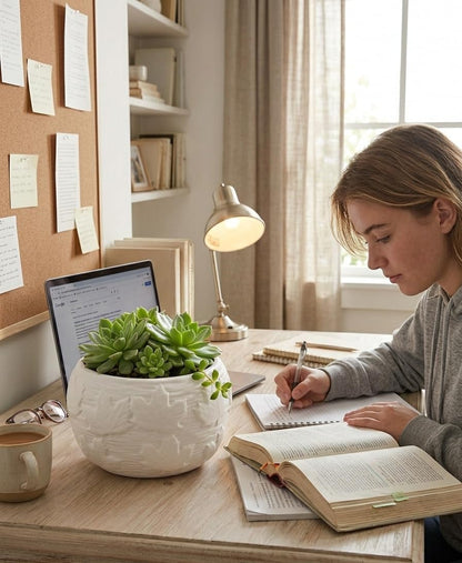 Multipurpose White Ceramic Pot with Leaf Pattern, Scandi Style, Indoor or Outdoor Planter, Desktop Storage, 13.5x9cm