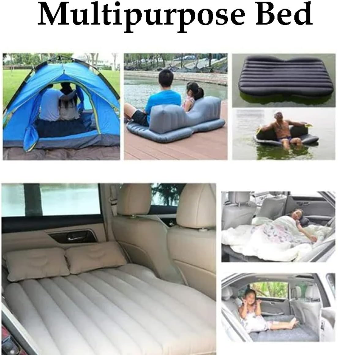 Multi Purpose Inflatable Car Air Bed Mattress for SUV MPV and Car Portable Travel Sleeping Bed with Pump Durable & Comfortable for Camping Road Trips and Outdoor Adventures (Beige)