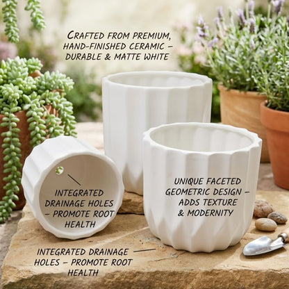 Modern Ceramic Flower Pot Set of 3 Matte White Geometric Planter Pots with Drainage Holes for Indoor Plants, Succulents & Home Decor