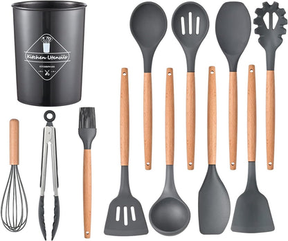 12 Pcs Silicone Cooking Utensils Kitchen Utensil Set - 446°F Heat Resistant,Turner Tongs, Spatula, Spoon, Brush, Whisk, Wooden Handle Gray Kitchen Gadgets with Holder for Nonstick Cookware
