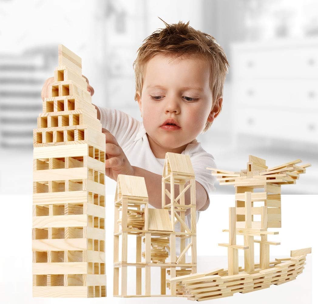 100 PCS Wooden Colour Building Blocks Set for Kids Natural Wood Stacking Blocks Construction Toy Building Kit Educational STEM Toy for Boys and Girls