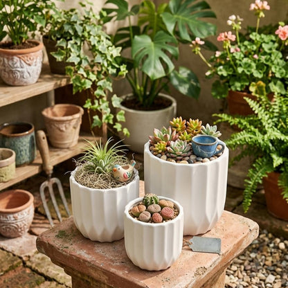 Modern Ceramic Flower Pot Set of 3 Matte White Geometric Planter Pots with Drainage Holes for Indoor Plants, Succulents & Home Decor