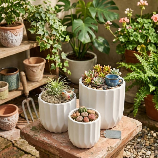 Modern Ceramic Flower Pot Set of 3 Matte White Geometric Planter Pots with Drainage Holes for Indoor Plants, Succulents & Home Decor