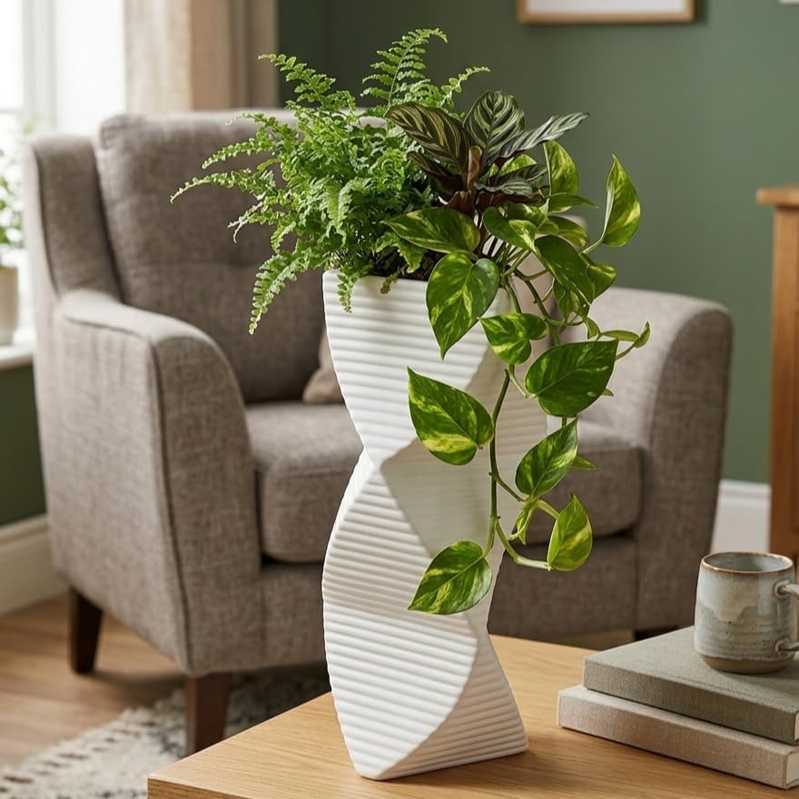 Modern Twisted Triangular Ceramic Vase, Matte White Minimalist Decorative Flower Vase for Home, Office, Living Room & Table Decor White