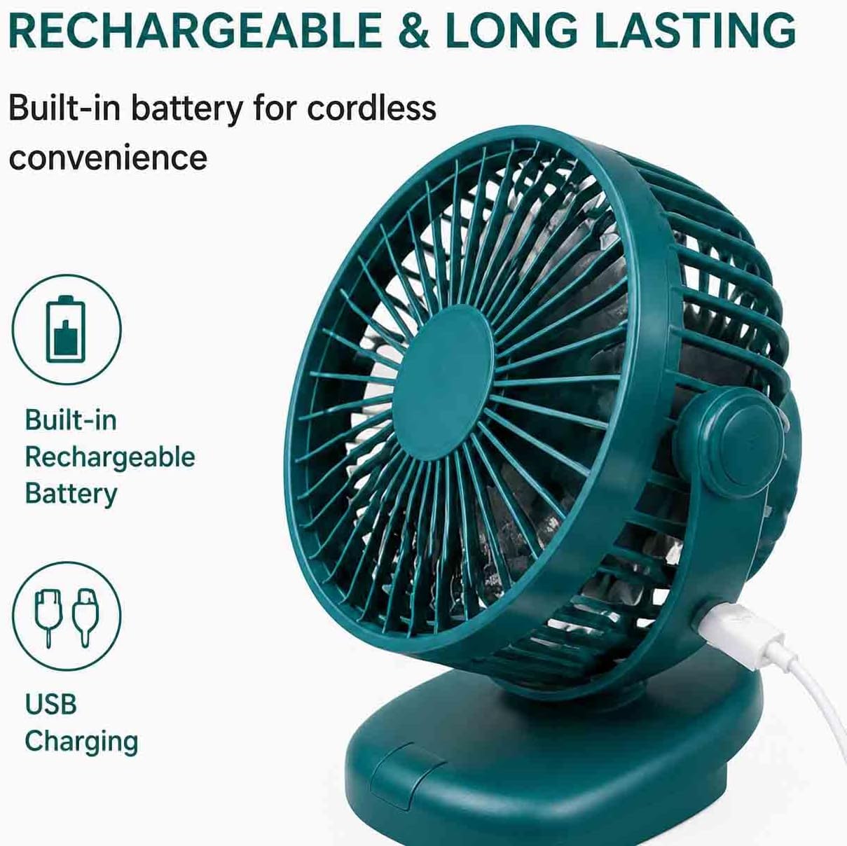 Portable Clip Fan Rechargeable USB Handheld Desk Fan with 3 Speed Modes Adjustable Head, Strong Grip Base, Mini Personal Cooling Fan for Home Office Travel