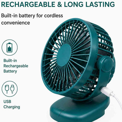 Portable Clip Fan Rechargeable USB Handheld Desk Fan with 3 Speed Modes Adjustable Head, Strong Grip Base, Mini Personal Cooling Fan for Home Office Travel