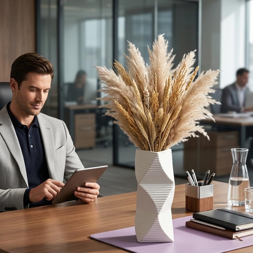Modern Twisted Triangular Ceramic Vase, Matte White Minimalist Decorative Flower Vase for Home, Office, Living Room & Table Decor White