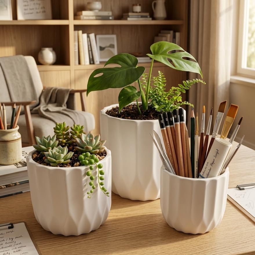 Modern Ceramic Flower Pot Set of 3 Matte White Geometric Planter Pots with Drainage Holes for Indoor Plants, Succulents & Home Decor