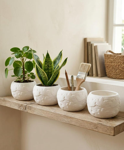 Multipurpose White Ceramic Pot with Leaf Pattern, Scandi Style, Indoor or Outdoor Planter, Desktop Storage, 13.5x9cm