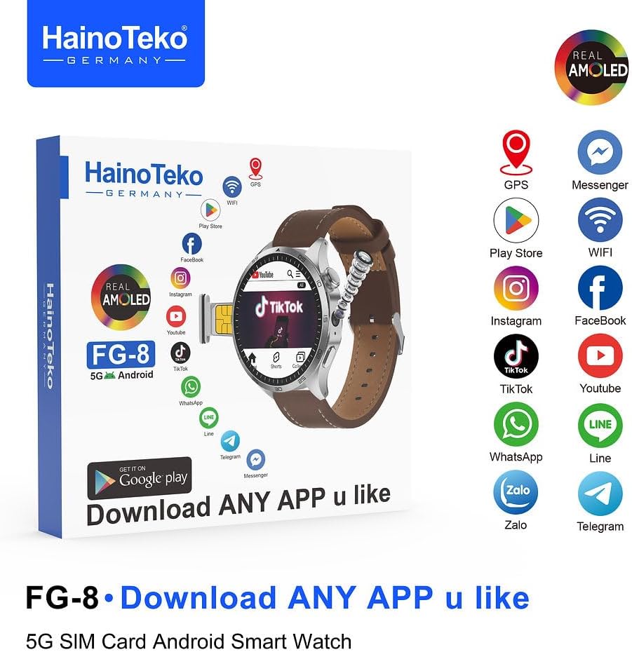 HainoTeko FG-8 5G Android Smart Watch with SIM Card Support, AMOLED Display, Download Any App, GPS, WiFi, Bluetooth Calling & Social Media Access