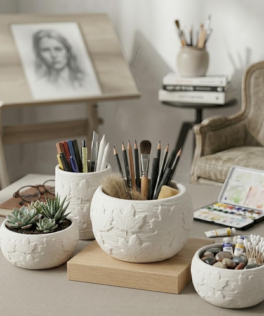 Multipurpose White Ceramic Pot with Leaf Pattern, Scandi Style, Indoor or Outdoor Planter, Desktop Storage, 13.5x9cm