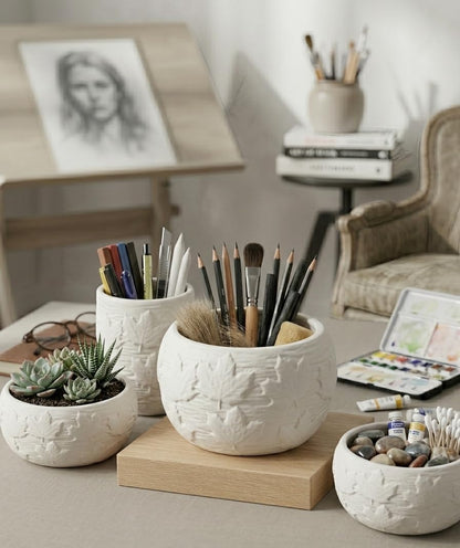 Multipurpose White Ceramic Pot with Leaf Pattern, Scandi Style, Indoor or Outdoor Planter, Desktop Storage, 13.5x9cm