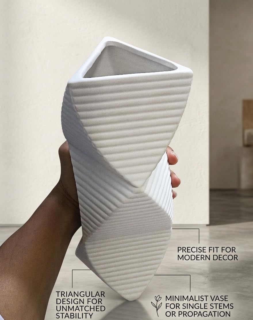 Modern Twisted Triangular Ceramic Vase, Matte White Minimalist Decorative Flower Vase for Home, Office, Living Room & Table Decor White