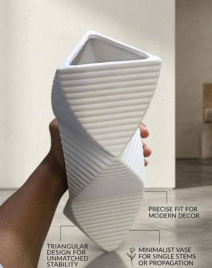 Modern Twisted Triangular Ceramic Vase, Matte White Minimalist Decorative Flower Vase for Home, Office, Living Room & Table Decor White