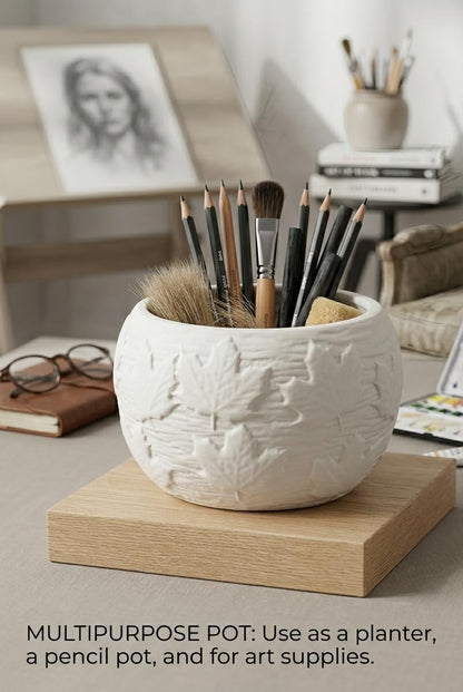 Multipurpose White Ceramic Pot with Leaf Pattern, Scandi Style, Indoor or Outdoor Planter, Desktop Storage, 13.5x9cm