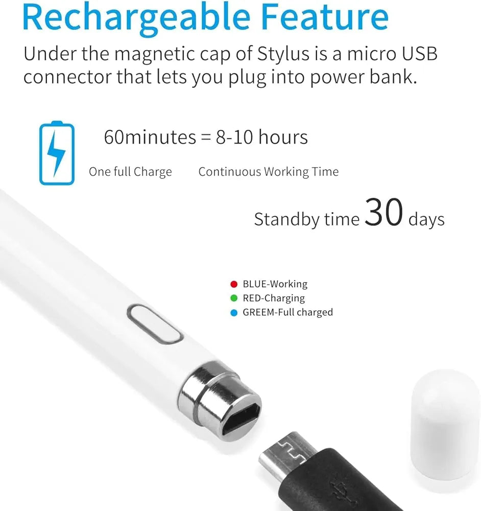 2-in-1 Active Stylus Pen for iOS & Android Touch Screens, Rechargeable & Precise Copper Fine Tip, Compatible with iPad/iPhone/Samsung/Tablets and Other Tablets and Mobiles, Laptops 
