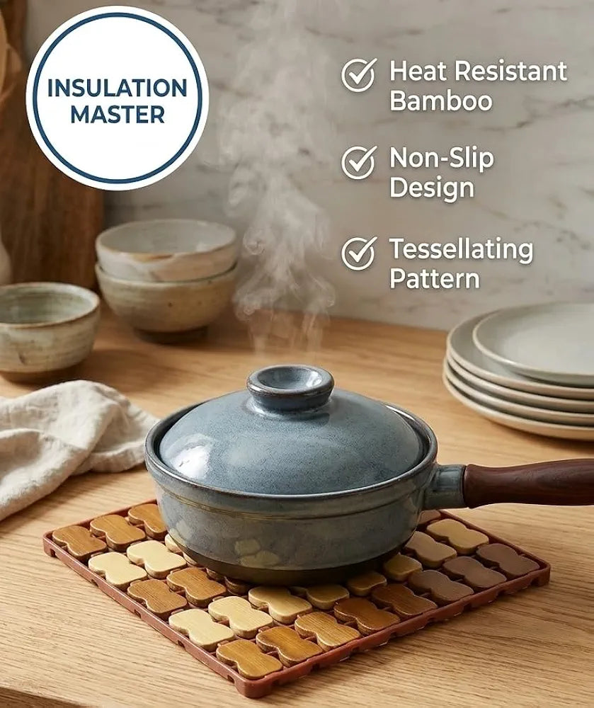 Pack of 6 Premium Bamboo Trivet Set – Professional Heat Protection & Anti-Slip Kitchen Hot Pads