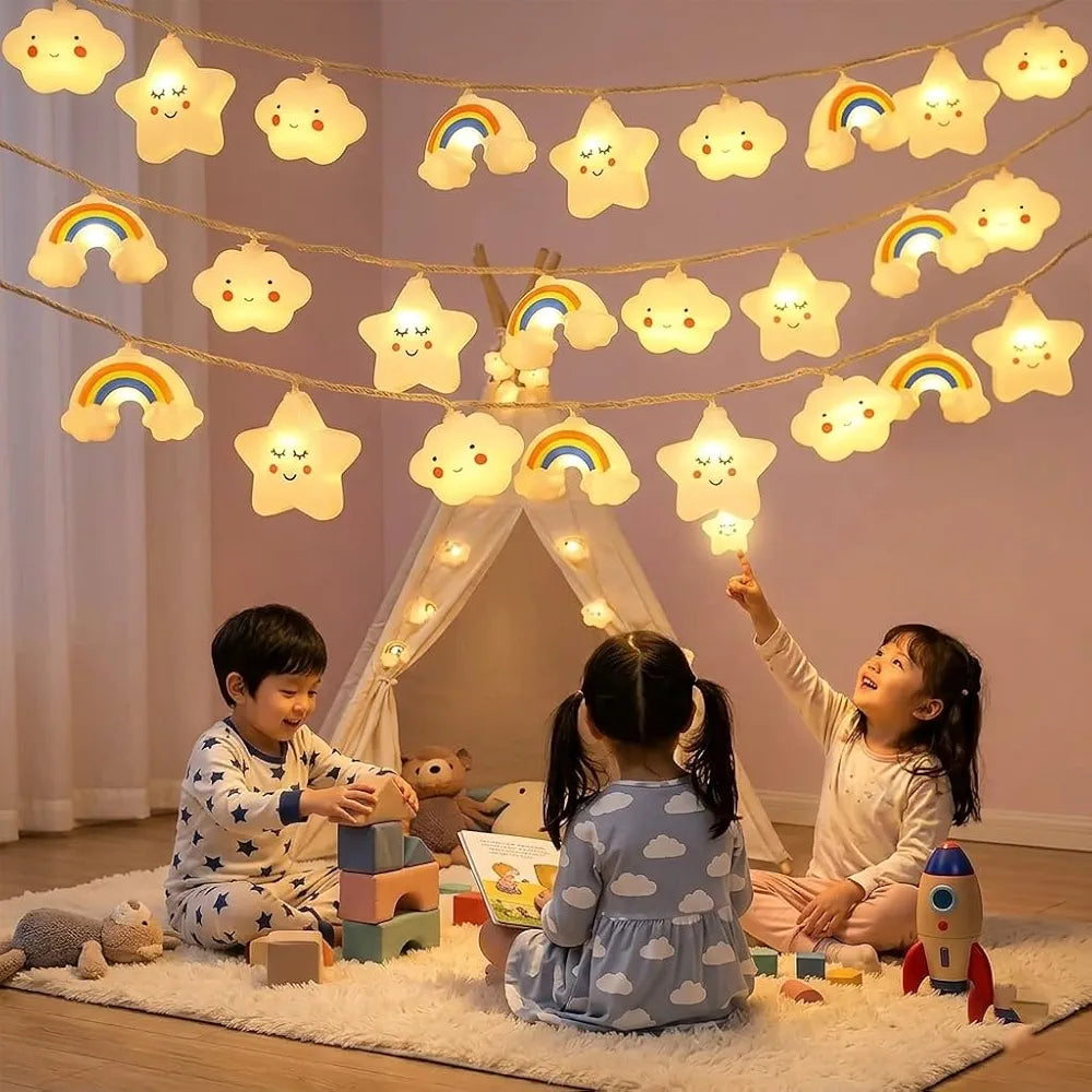 20 LED String Lights with Cute Smiling Star and Cloud Rainbow Design, Battery Operated, 3m, Warm Lights for Kids Room, Bedroom, Nursery, Party Decoration