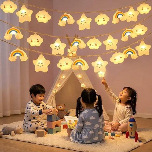20 LED String Lights with Cute Smiling Star and Cloud Rainbow Design, Battery Operated, 3m, Warm Lights for Kids Room, Bedroom, Nursery, Party Decoration