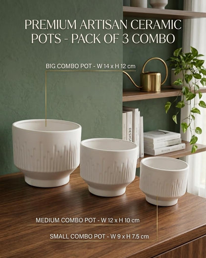 Premium Artisan Ceramic Planter Pots Set of 3 Matte White Stoneware Indoor Flower Pots with Drainage Hole Decorative Plant Pot Combo for Home & Office Décor