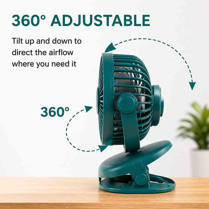 Portable Clip Fan Rechargeable USB Handheld Desk Fan with 3 Speed Modes Adjustable Head, Strong Grip Base, Mini Personal Cooling Fan for Home Office Travel