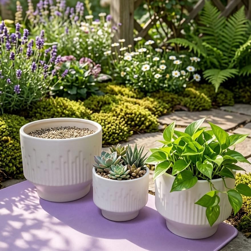 Premium Artisan Ceramic Planter Pots Set of 3 Matte White Stoneware Indoor Flower Pots with Drainage Hole Decorative Plant Pot Combo for Home & Office Décor