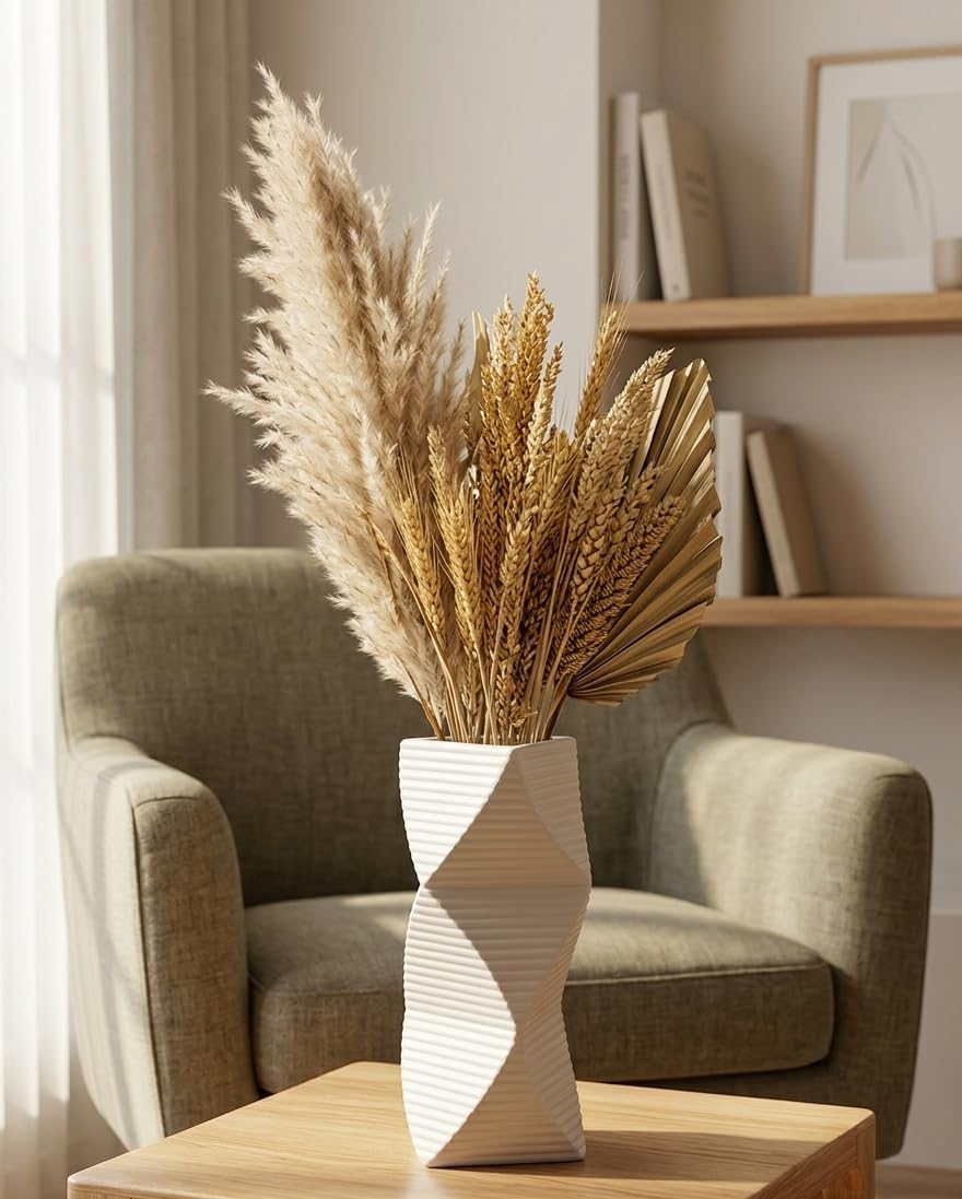 Modern Twisted Triangular Ceramic Vase, Matte White Minimalist Decorative Flower Vase for Home, Office, Living Room & Table Decor White