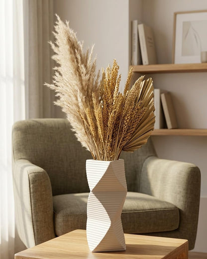 Modern Twisted Triangular Ceramic Vase, Matte White Minimalist Decorative Flower Vase for Home, Office, Living Room & Table Decor White