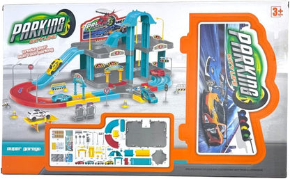 City Life Parking Garage Playset 2-Level Toy Car Garage with 4 Cars Ramps Signs and Accessories Multi-Storey Parking Toy for Boys Girls Safe and Durable Learning Gift