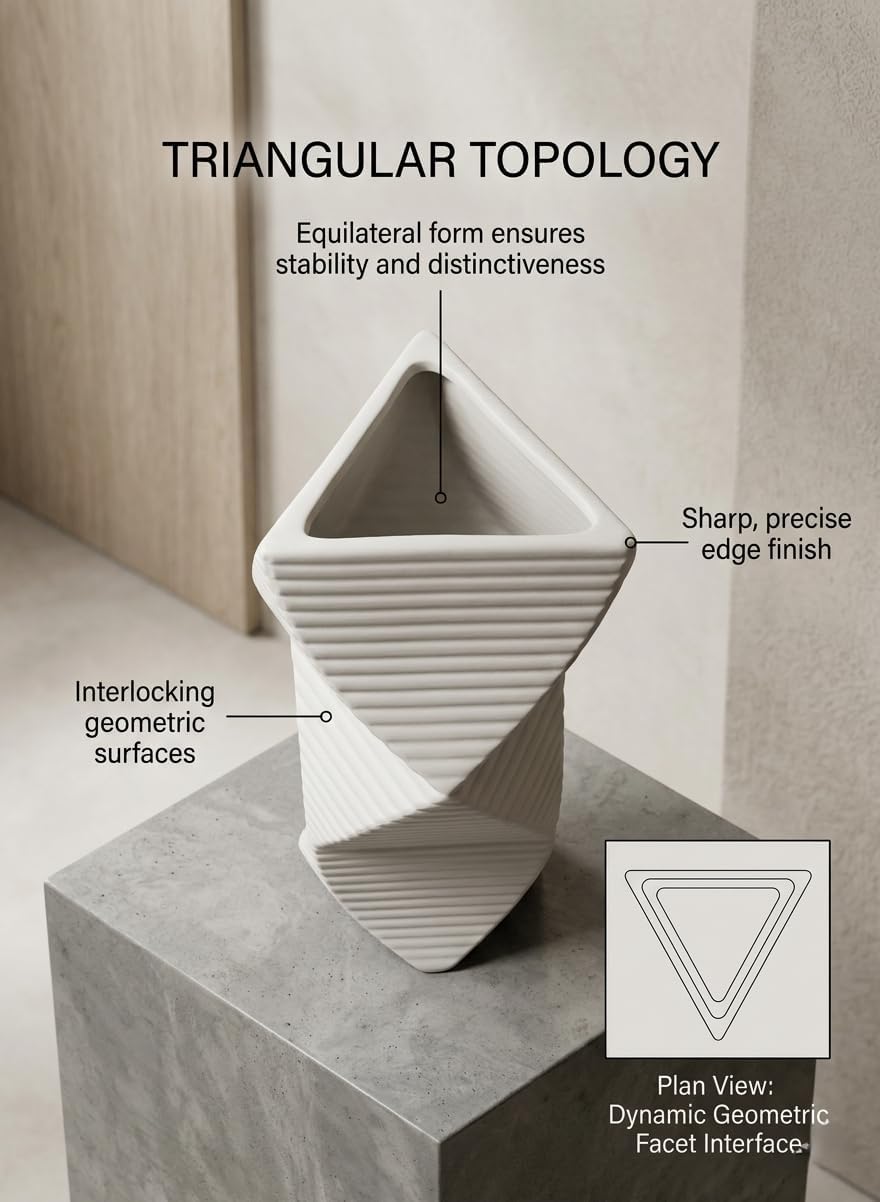 Modern Twisted Triangular Ceramic Vase, Matte White Minimalist Decorative Flower Vase for Home, Office, Living Room & Table Decor White