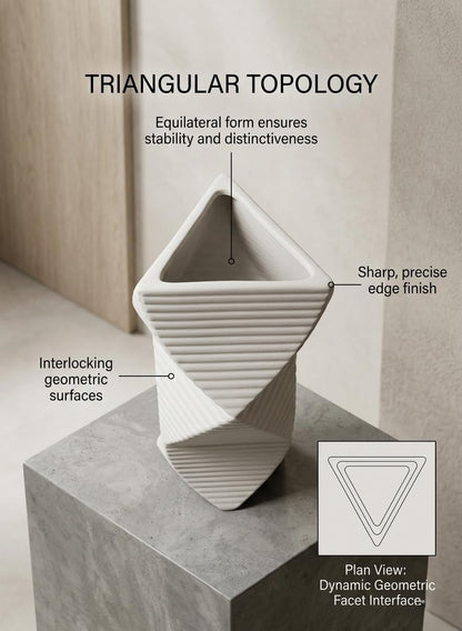 Modern Twisted Triangular Ceramic Vase, Matte White Minimalist Decorative Flower Vase for Home, Office, Living Room & Table Decor White