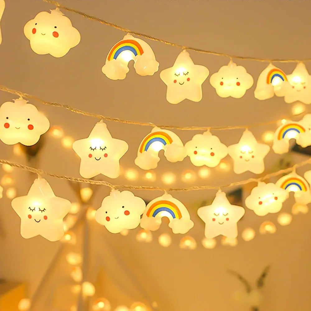 20 LED String Lights with Cute Smiling Star and Cloud Rainbow Design, Battery Operated, 3m, Warm Lights for Kids Room, Bedroom, Nursery, Party Decoration