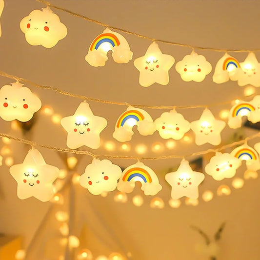20 LED String Lights with Cute Smiling Star and Cloud Rainbow Design, Battery Operated, 3m, Warm Lights for Kids Room, Bedroom, Nursery, Party Decoration
