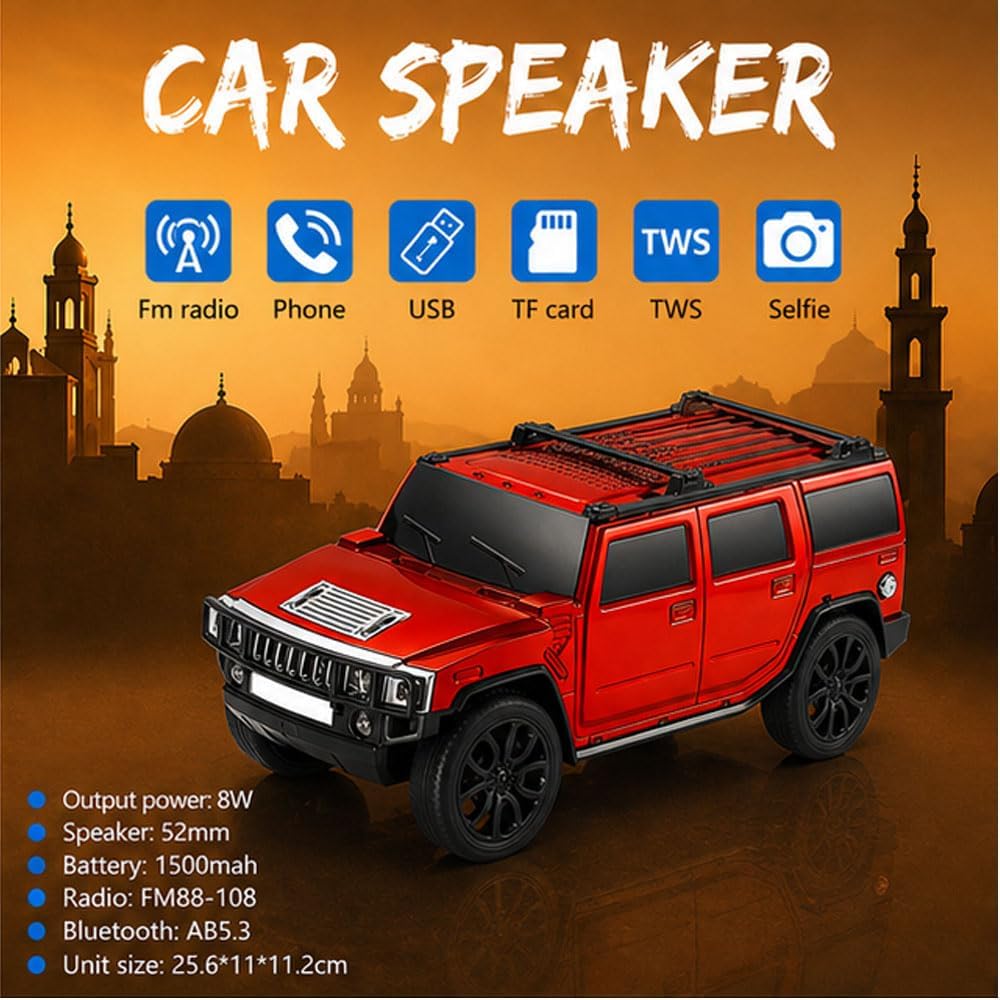 Car Shape Bluetooth Speaker with FM Radio, USB/TF Card Support, TWS Pairing, 8W Output 1500mAh Rechargeable Battery, Portable Wireless Speaker