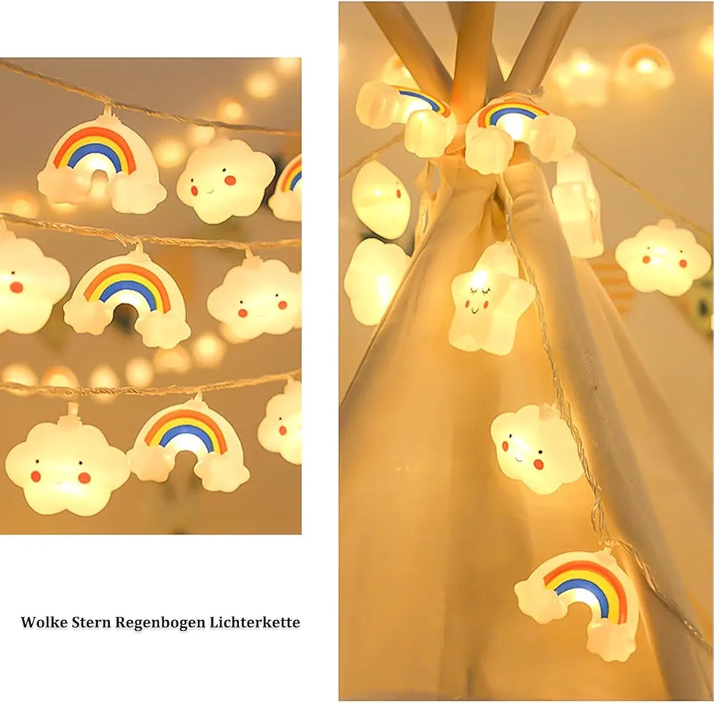 20 LED String Lights with Cute Smiling Star and Cloud Rainbow Design, Battery Operated, 3m, Warm Lights for Kids Room, Bedroom, Nursery, Party Decoration