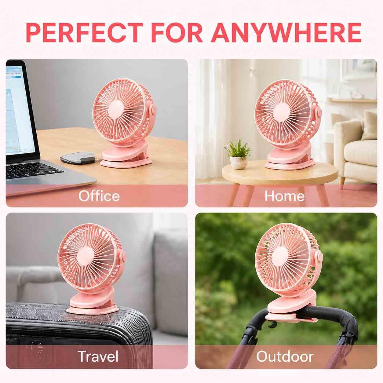 Portable Clip Fan Rechargeable USB Handheld Desk Fan with 3 Speed Modes Adjustable Head, Strong Grip Base, Mini Personal Cooling Fan for Home Office Travel