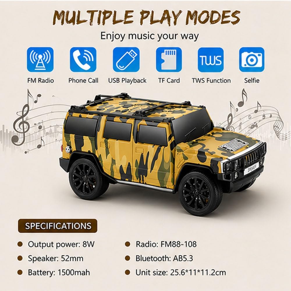 Car Shape Bluetooth Speaker with FM Radio, USB/TF Card Support, TWS Pairing, 8W Output 1500mAh Rechargeable Battery, Portable Wireless Speaker