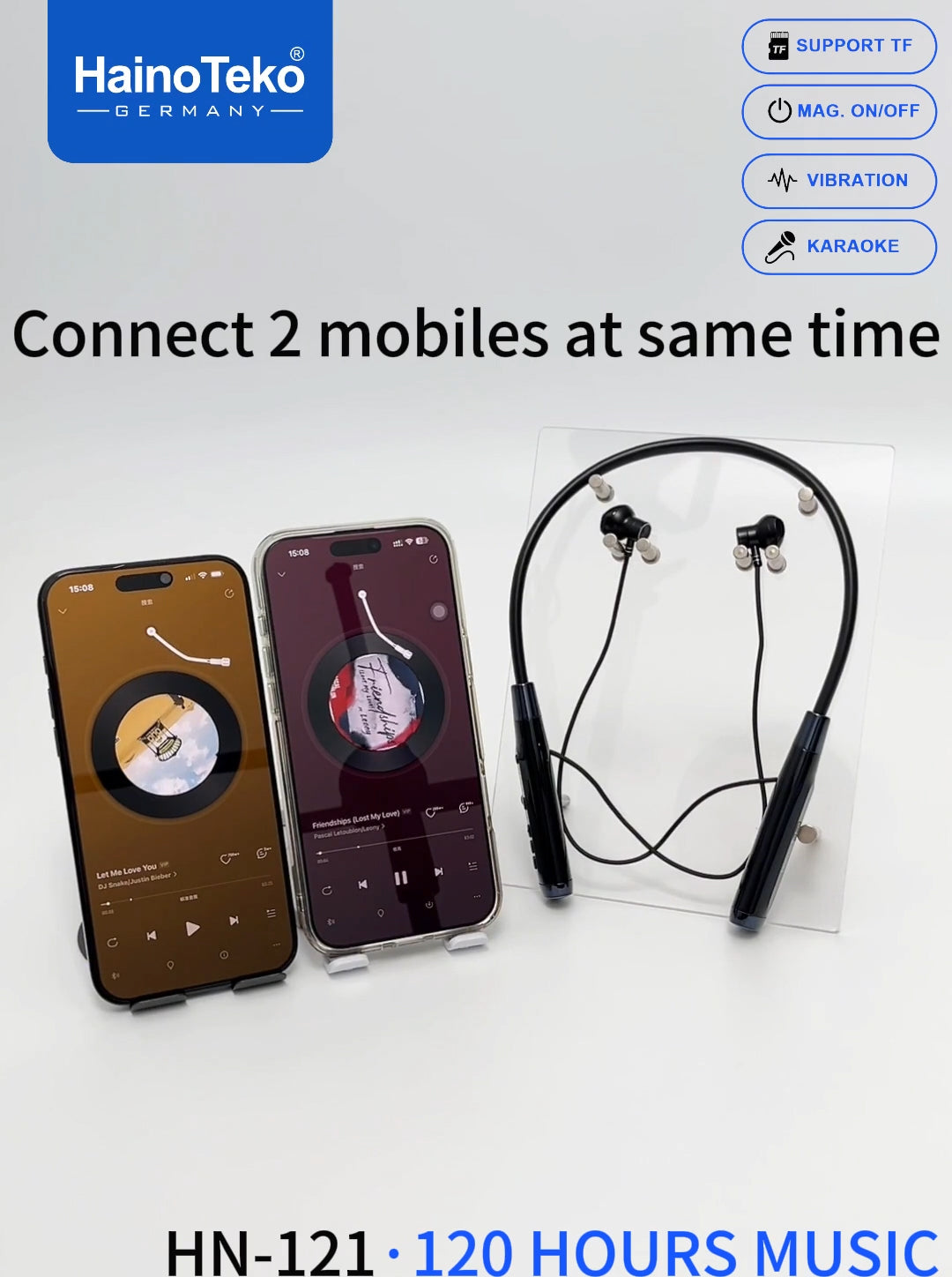 HainoTeko HN-121 Neckband Wireless Earphones 120 Hours Music Playback with Magnetic Power On/Off TF Card Support Vibration Alert and Karaoke Mode Black