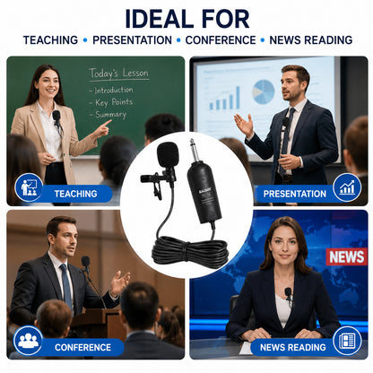 EALSEM ES-118 Wired Tie Clip Condenser Microphone with 10M Cable, 6.35mm Jack, Plug & Play Lapel Mic for Amplifiers, PA Systems, Presentations, Teaching, Conferences & Live Performances Black