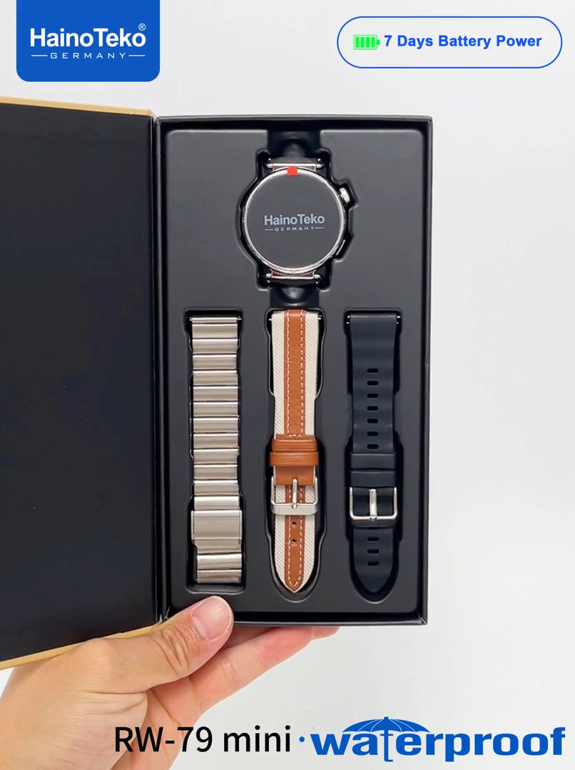 HainoTeko RW-79 Mini Waterproof Smart Watch with AMOLED Display Bluetooth Call 3 Interchangeable Straps and Charging Cable Designed for Ladies