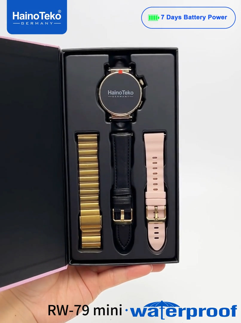 HainoTeko RW-79 Mini Waterproof Smart Watch with AMOLED Display Bluetooth Call 3 Interchangeable Straps and Charging Cable Designed for Ladies