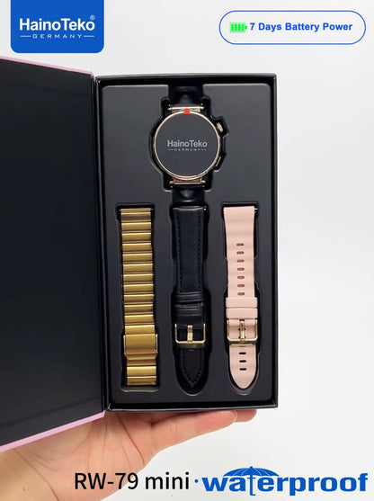 HainoTeko RW-79 Mini Waterproof Smart Watch with AMOLED Display Bluetooth Call 3 Interchangeable Straps and Charging Cable Designed for Ladies