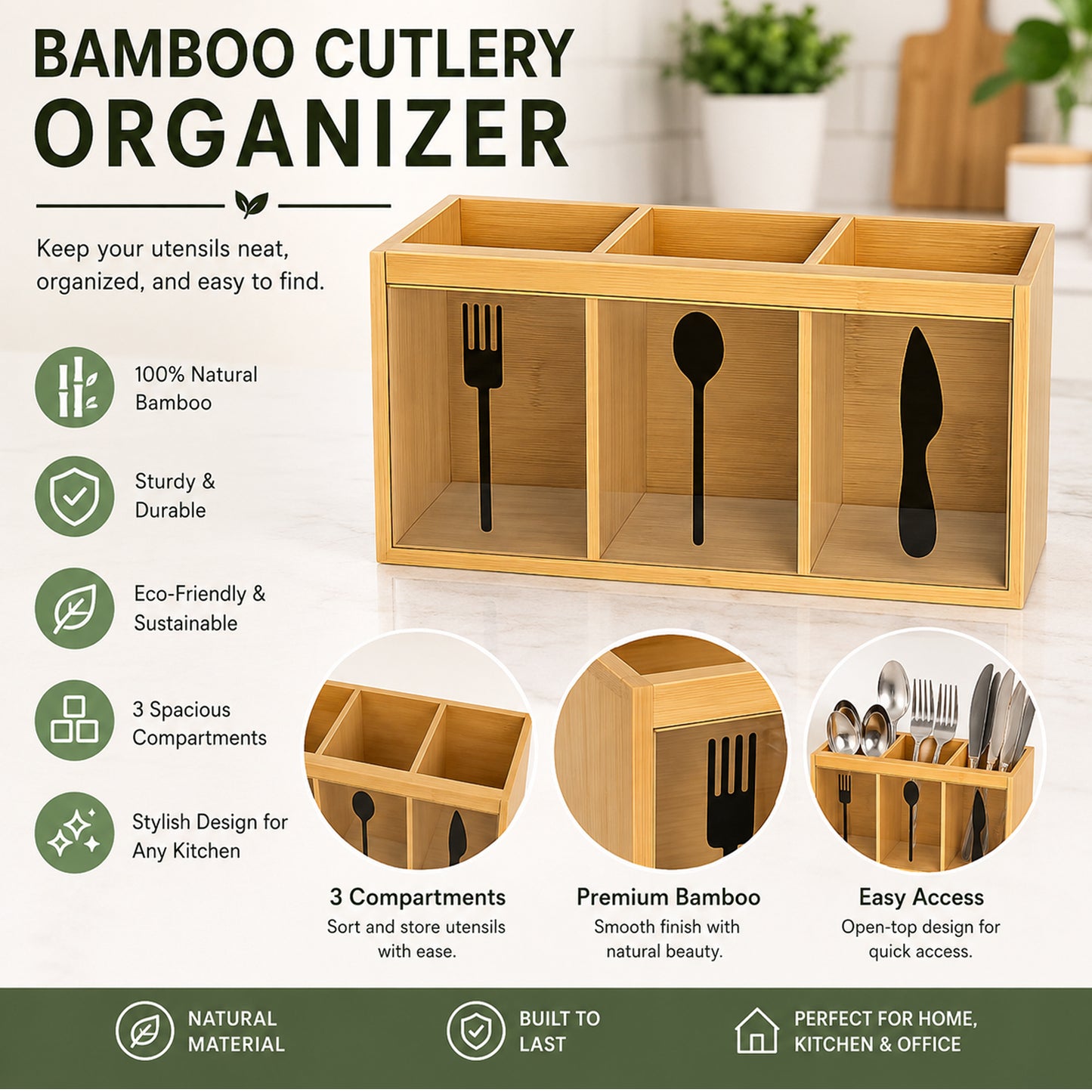 Natural Bamboo Cutlery Organizer with 3 Compartments Multipurpose Countertop Utensil Holder for Spoons, Forks, Knives, Kitchen Tools, Office Supplies & Dining Table Storage